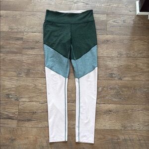 Outdoor Voices Tri-Tone Leggings in Forest, Teal, and Blush